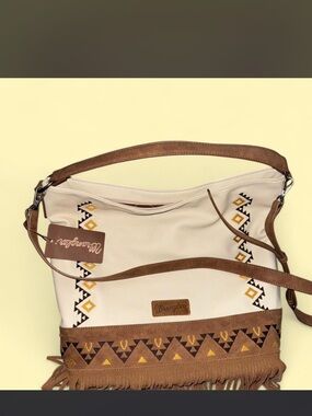 Wrangler Cream Bag with Brown Fringe & Geometric Embroidery